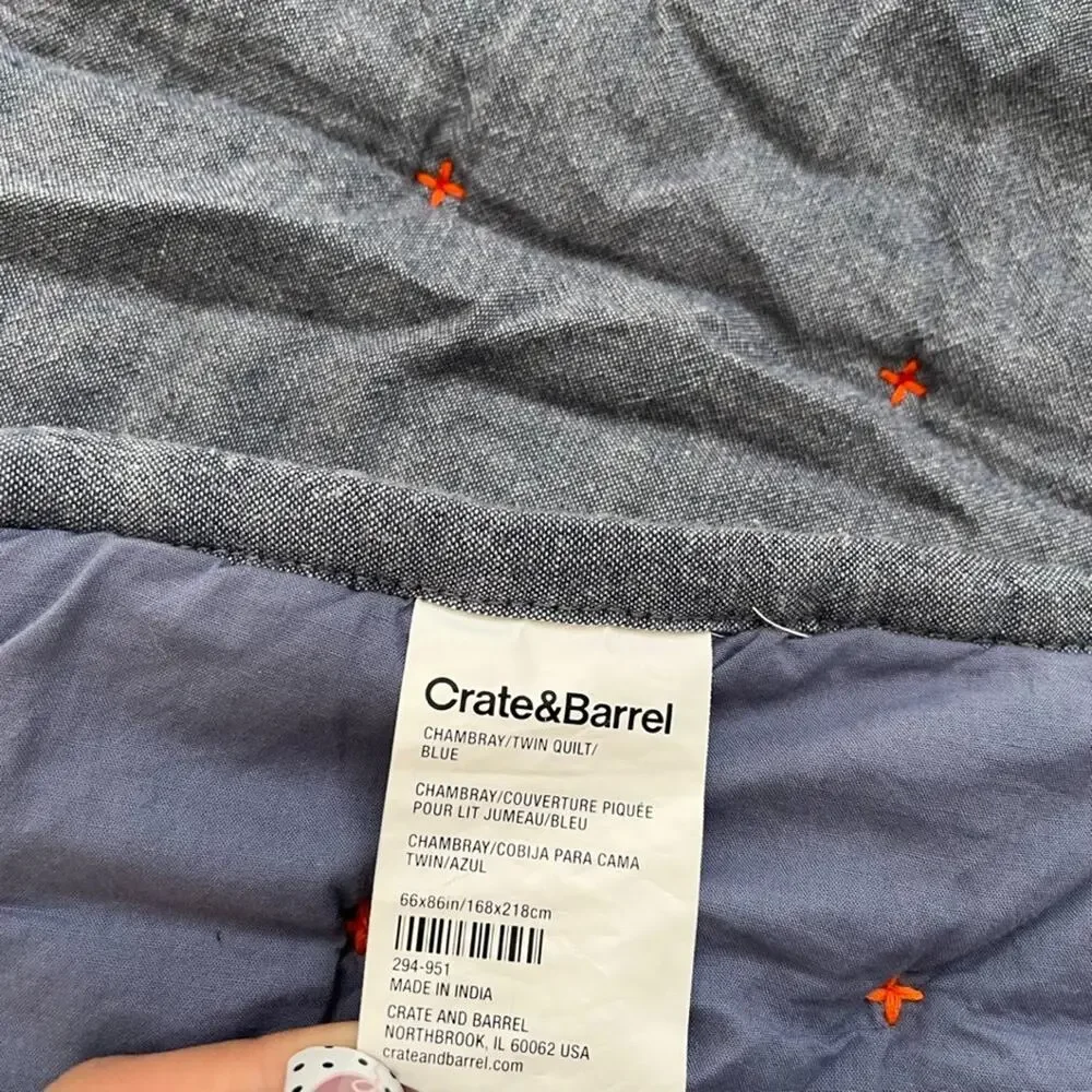 Crate & Barrel Blue Chambray Twin Quilt 66x86 in Orange Accent Stitching